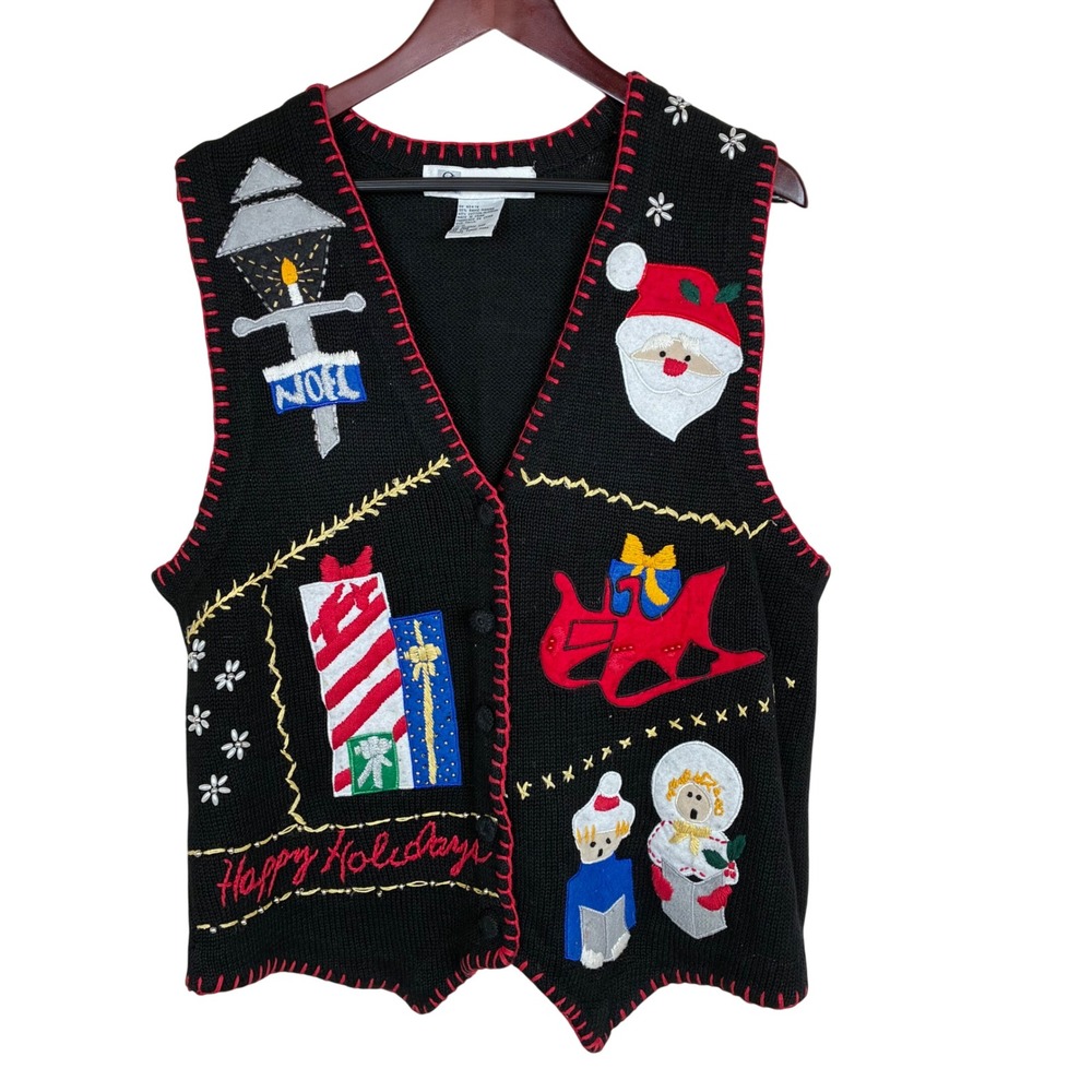 Vintage 80s Sweater Vest Sz M Christmas Holiday Novelty Embellished Ugly Teacher